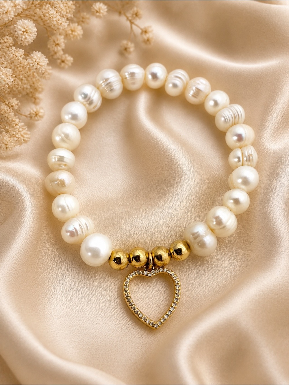 Cultured Pearl Heart Charm Bracelet